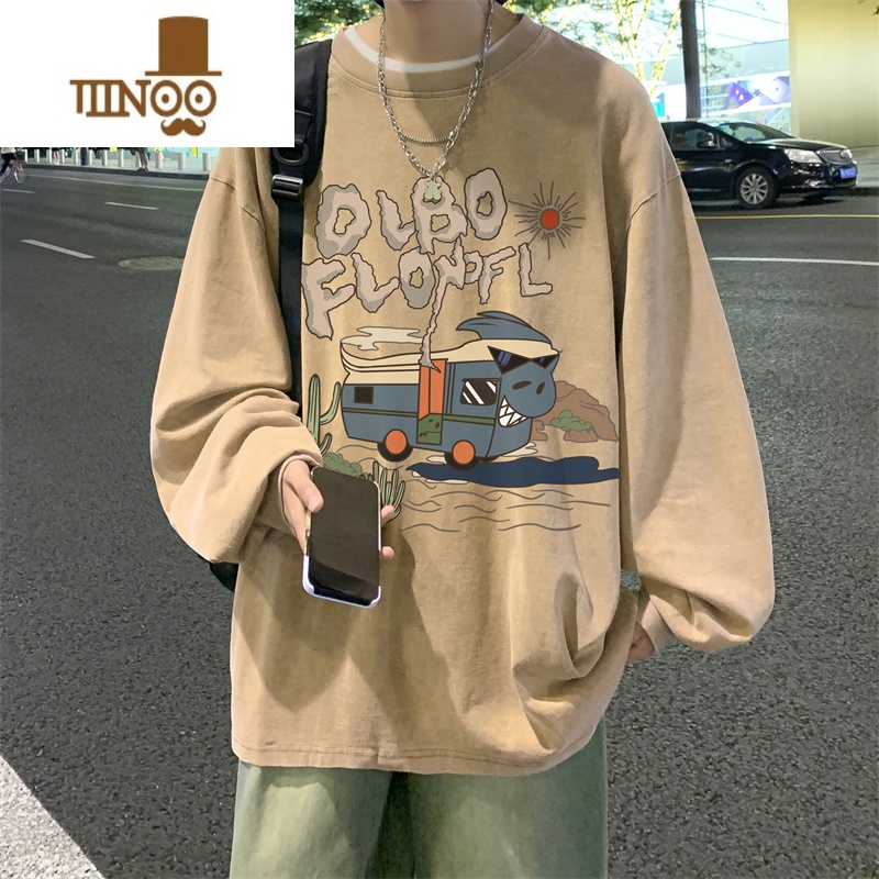 YANXU美式水洗复古T恤男士2023新款男生长袖宽松休闲上衣N高清大图