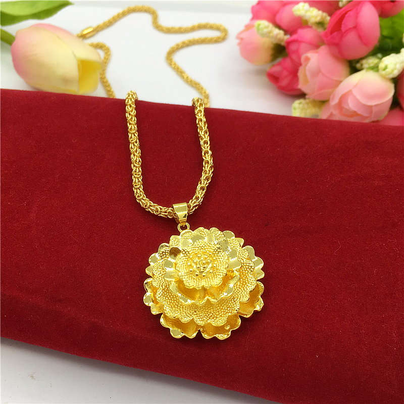 新款仿沙金女士项链 24K镀金厚金大花项链仿黄金殴币饰品久不掉色送女朋友老婆情人节七夕生日礼物