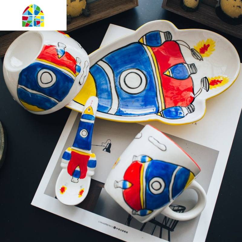 热卖日式景德镇创意陶瓷餐具可爱个性儿童碗家用套装碗碟米饭碗盘 FENGHOU 热气球4件套(碗盘勺杯)