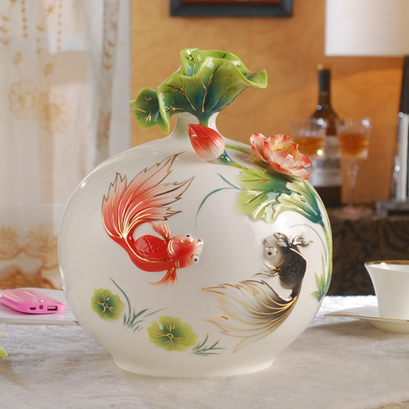 金玉满堂景德镇陶瓷花瓶摆件客厅插花装饰品家居摆设大瓷器珐琅彩 三维工匠 莲鲤花瓶加底座
