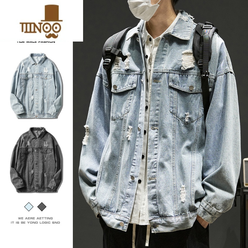 YANXU牛仔外套男款男生水洗破洞工装夹克上衣秋季美式高街潮牌男装高清大图