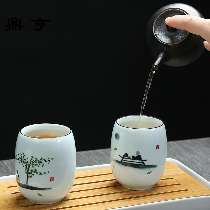 鼎亨青瓷大号茶杯陶瓷杯手绘个人杯禅意杯子景德镇瓷杯日式杯厚