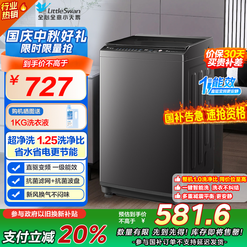【苏宁自营】小天鹅全自动8kg金属钛波轮洗衣机 TB80V26DT 直驱变频 一级能效 静音节能大容量家庭使用