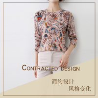 圣妮曼春秋薄款羊毛衫印花圆领针织打底衫