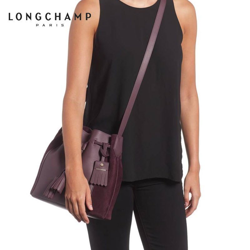 [直营]珑骧(Longchamp) 抽带 女款 软 牛皮拼绒面皮革水桶单肩斜跨包 LC女包