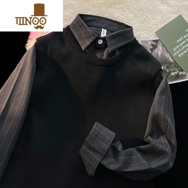 YANXU假条纹衬衫男拼接毛衣背心潮牌休闲百搭学院风针织马甲