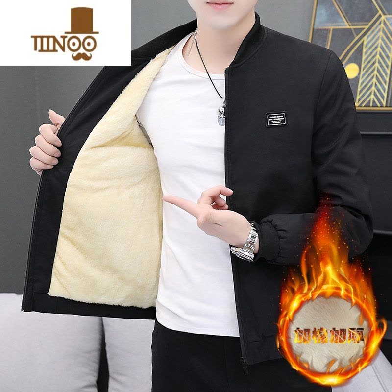 YANXU男士外套韩版修身加绒立领夹克男秋装个性潮男冬装加厚棉衣服图片