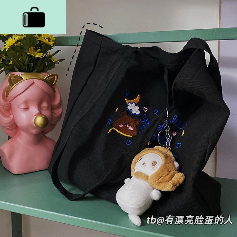 ins可爱日系韩版女学生单肩包chic帆布袋购物袋斜挎包帆布女包NEWLAKE 黑色加鲷鱼烧