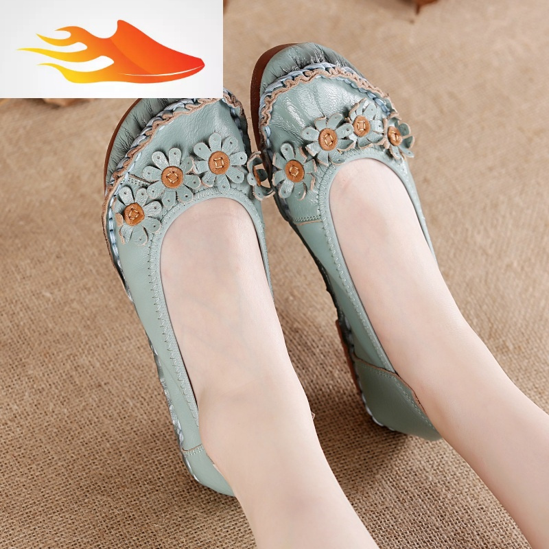 fishbasket民族风复古女鞋春秋皮鞋豆豆鞋女手工舒适软底休闲妈妈鞋单