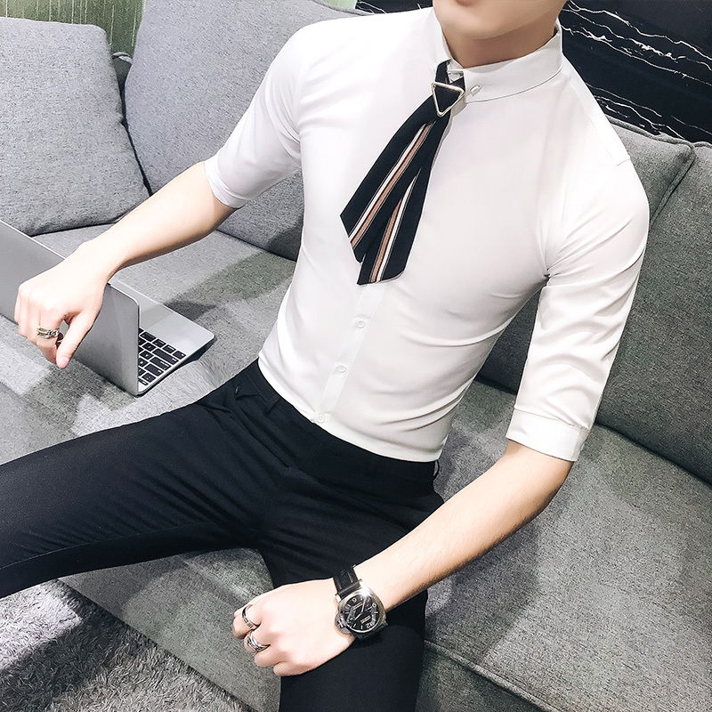 夏款夜店个性帅气5分袖衬衫韩版修身型师个性装饰领结中袖衬衣