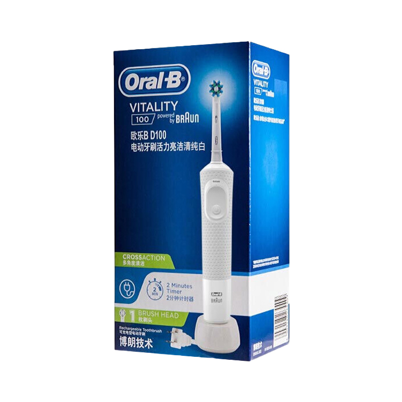 欧乐B(Oralb) 电动牙刷 成人2D声波震动(自带刷头*1)清纯白 D100 博朗精工