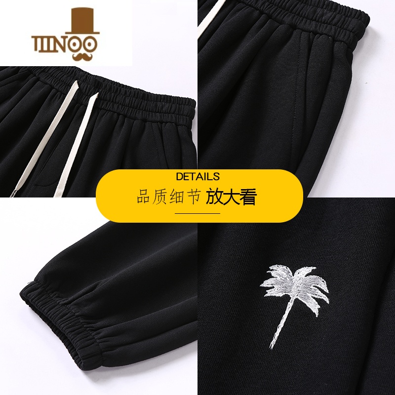 YANXU运动裤子男士款刺绣休闲长裤束脚卫裤美式大码潮牌黑色高清大图