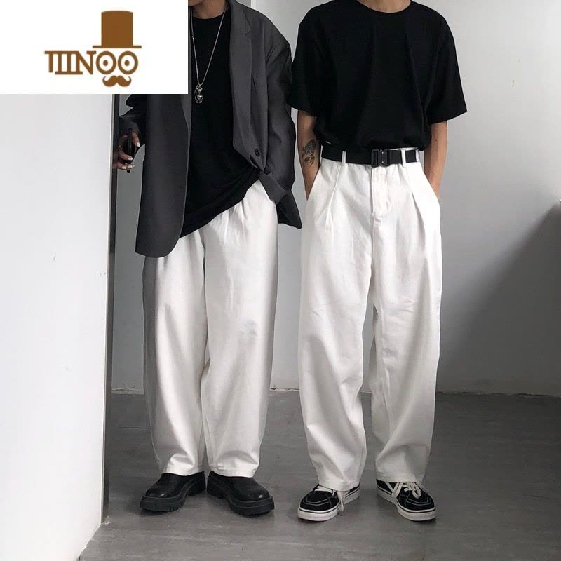 YANXU港风古着痞帅白色牛仔大码长裤男ins日系oversize宽松显瘦阔腿裤图片