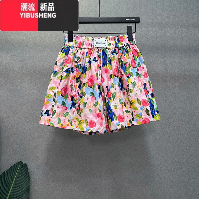 YIBUSHENG油画碎花阔腿裤女季松紧腰宽松a字短裤小个子显瘦休闲热裤薄薄高清大图