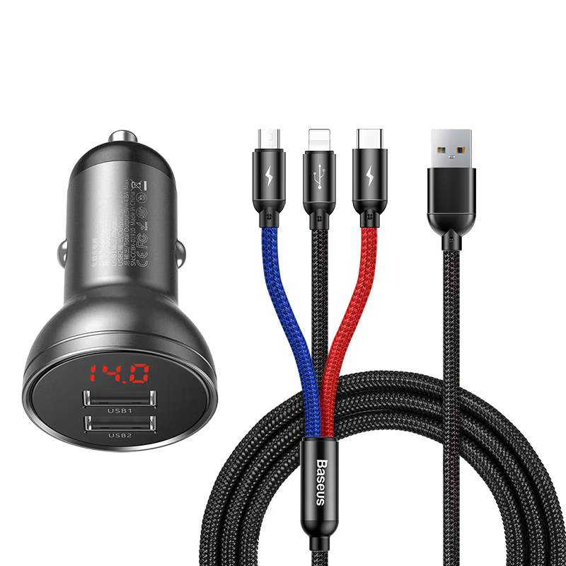 倍思(BASEUS) 车载充电器套装 数显双USB 4.8A快充一拖三1.2m高清大图