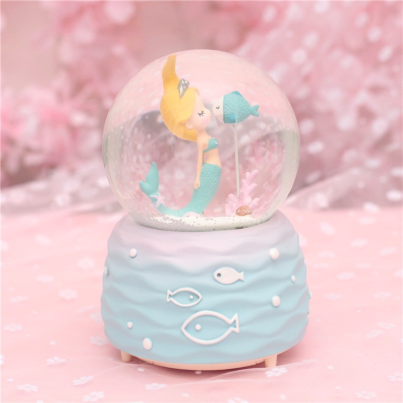 美人鱼公主水晶球雪花旋转音乐盒八音盒送女孩儿童生日教师节 三维工匠 人鱼之恋-蓝-自飘雪-音乐-彩灯大号