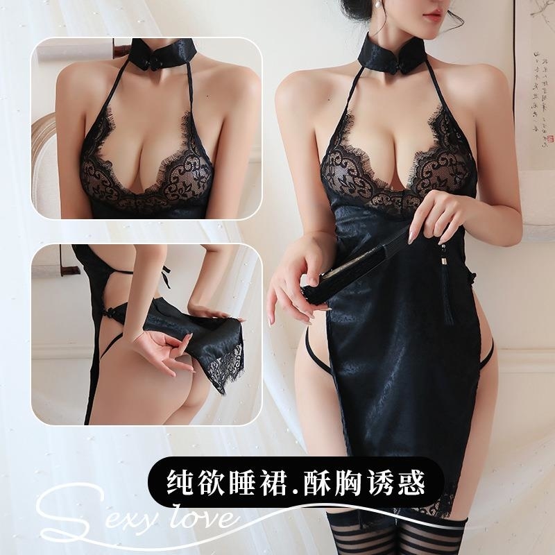 长夜漫漫情趣内衣性感挂脖透视蕾丝花边开叉纯欲旗袍制服套装1816 黑色 均码(80-125斤)