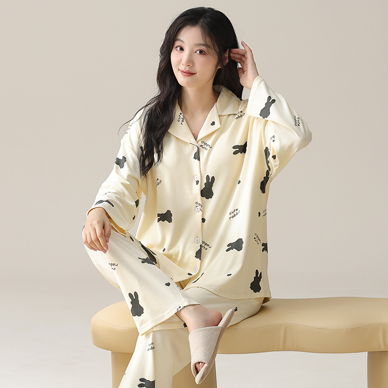 浪莎睡衣女春秋季纯棉长袖可外穿家居服开衫秋款月子孕妇休闲套装