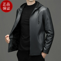 专柜大牌|连帽生态皮夹克男秋冬高品质男士帽款皮衣|薄厚可选打底衫100纯羊毛衫套头商务羊_792 XL/180 灰色（加绒内里）