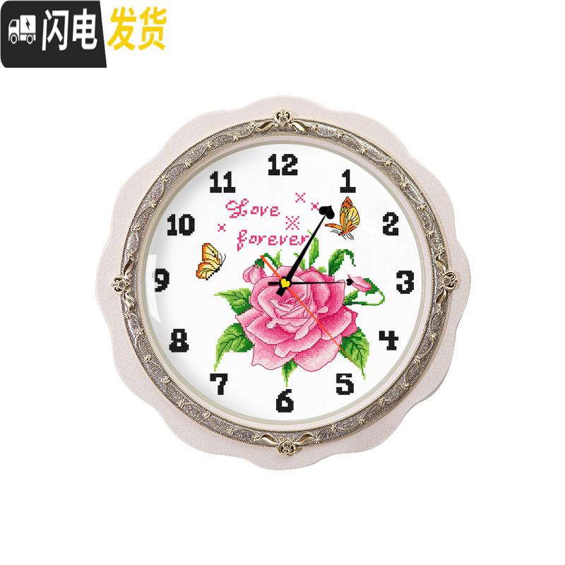 三维工匠十字绣小件钟表玫瑰花餐厅挂钟花卉手工简约现代2019 [埃及棉4股线绣][尺寸40*40厘米][加机芯]送工具包高清大图