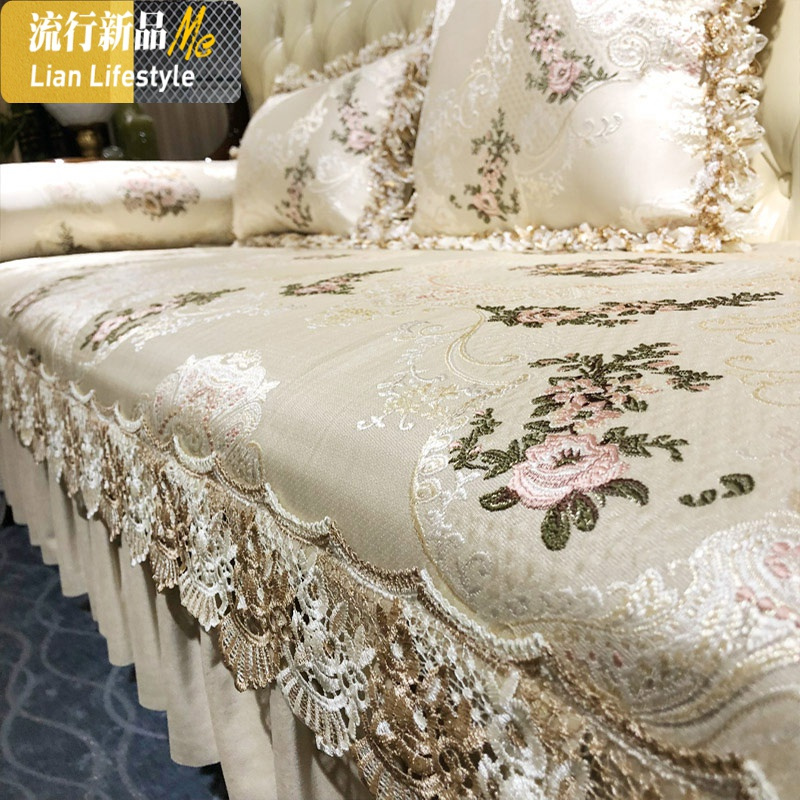 欧式沙发垫四季通用防滑布艺美式轻奢真皮坐垫套罩巾定做 三维工匠 蓝色-琉璃石光 [65+裙摆]*150cm