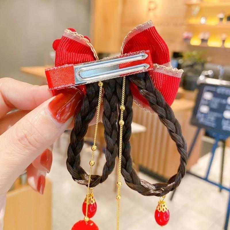 儿童发夹中国风汉服女童头饰古装唐装假发辫子造型布艺流苏对夹新年
