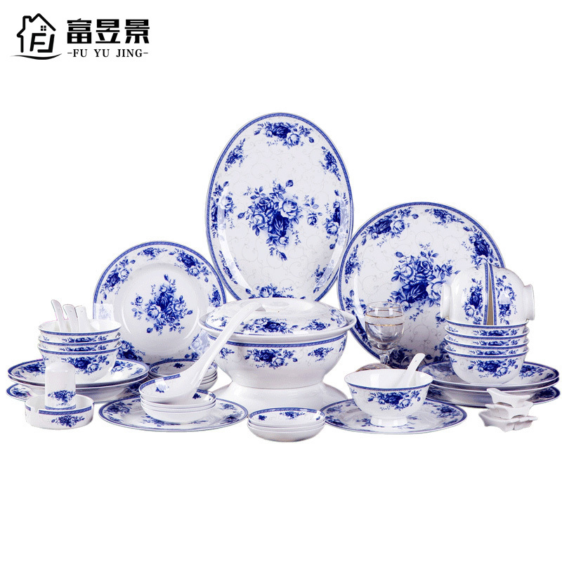 富昱景56头皇家玫瑰骨瓷餐具套装中式时尚国产景德镇陶瓷家用碗碟餐具套装碗碟盘勺子筷子家用套装新家实用送礼选择