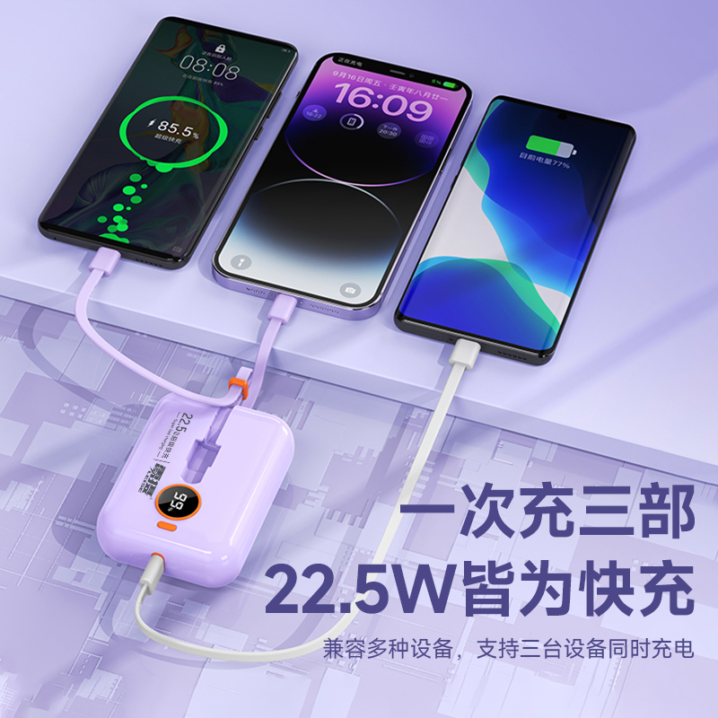 雷摄(LEISE) KP19 充电宝10000毫安 22.5W快充自带线便携可上飞机 紫色高清大图