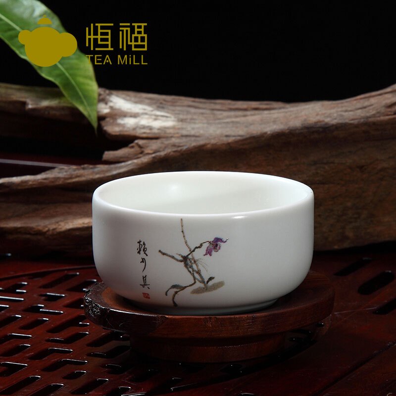 恒福（TEA MiLL）茶具 定窑陶瓷白瓷石斛花宽口小品杯 赖少其大师画作石斛花 定窑珠光 白3个装 否