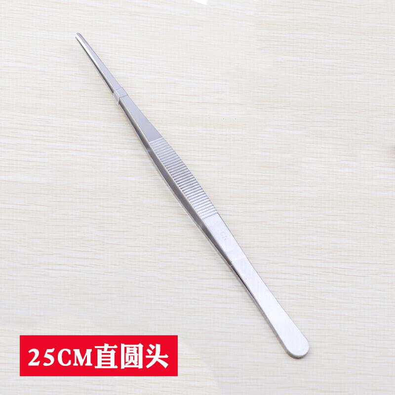 汐岩不锈钢镊子工具尖头弯头圆头带齿加厚加硬大镊子 25CM直镊圆头高清大图