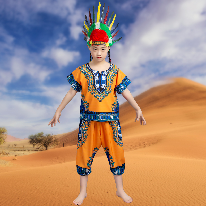 红绿头饰100cm六一儿童非洲鼓演出服印第安人表演服傣族民族风野人