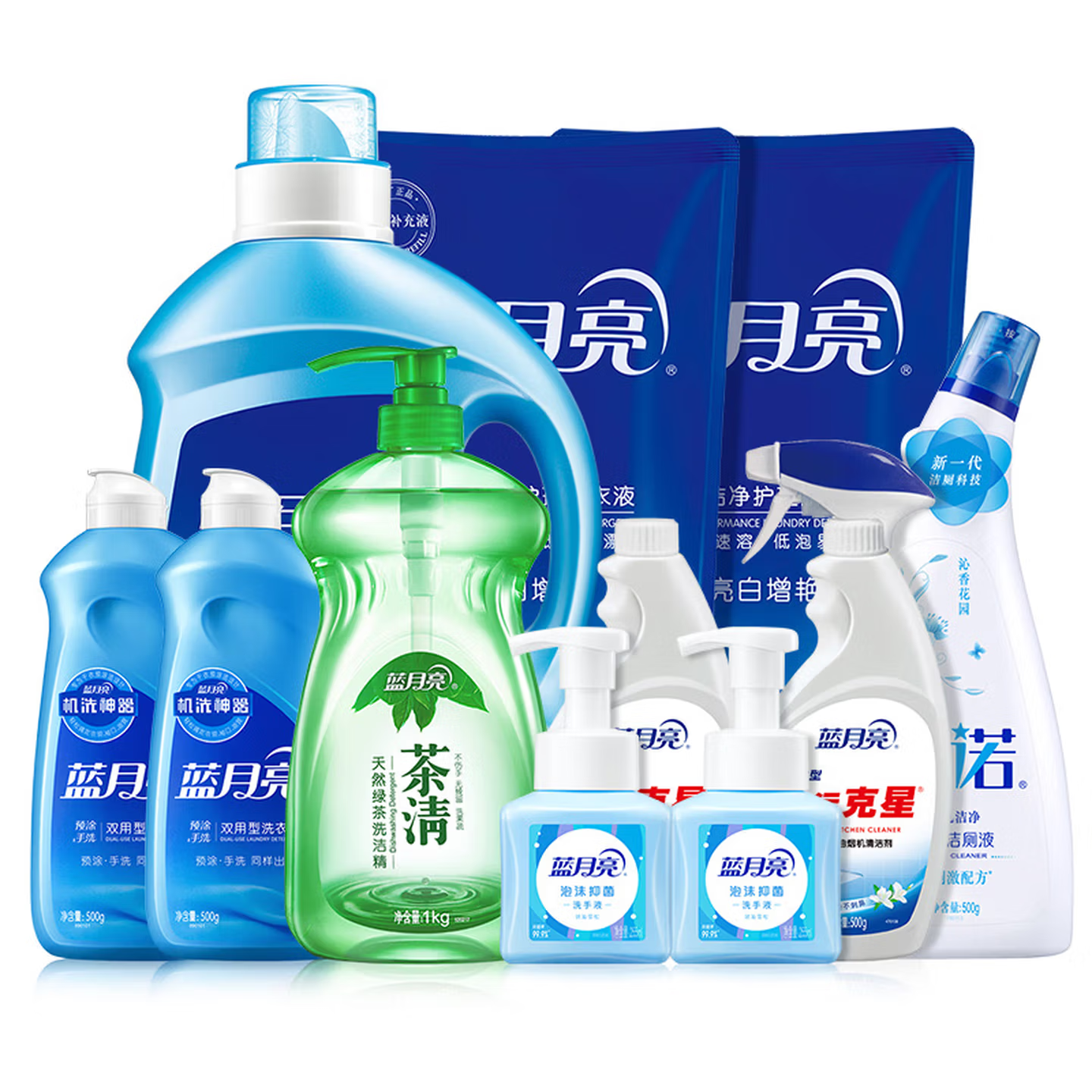 蓝月亮薰亮白2kg+1kg袋*2+洁厕+手洗*2+洗手液255ml*2+油污瓶+瓶补+茶清 80003339