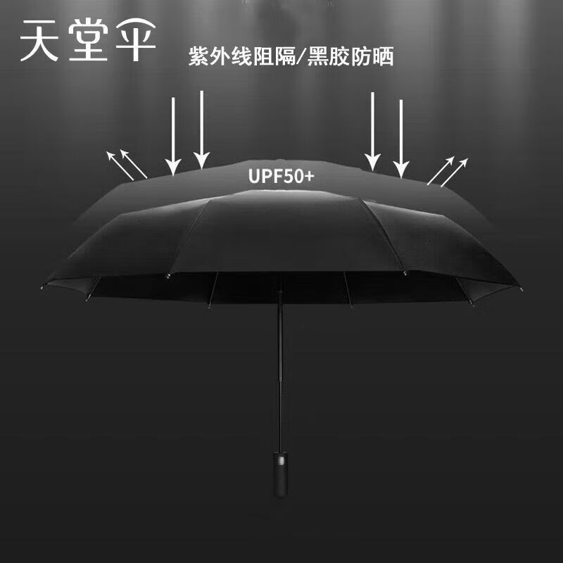 天堂伞伞全自动晴雨伞三折黑胶防晒防紫外线伞 黑色38017EWHM高清大图