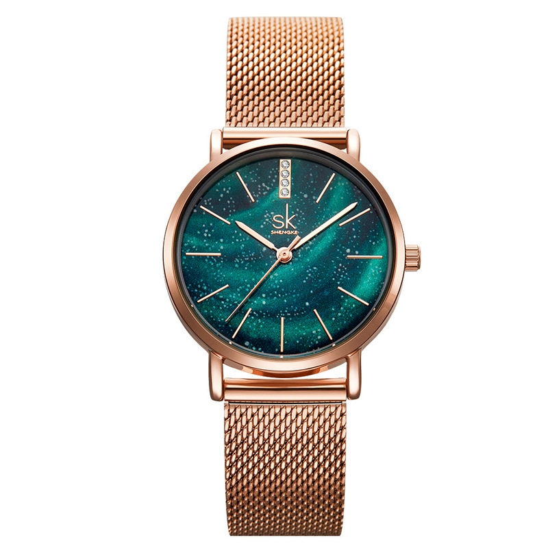 sk女士手表绿蓝星空手表网带款玫瑰金色防水女表
