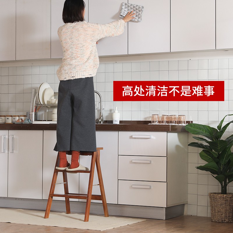 实木梯凳家用梯子家用折叠凳子厨房高板凳登高三步小梯子折叠梯凳 三维工匠 原木色-条纹凳套高清大图