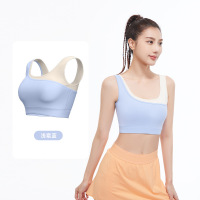 拼色瑜伽文胸女固定一体式高弹力防震聚拢双色U型运动内衣_1 XL 浅霜蓝