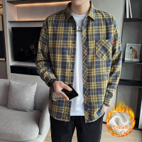 秋冬新款长袖格子衬衫男宽松寸衬百搭潮流衬衣 M 蓝黄格