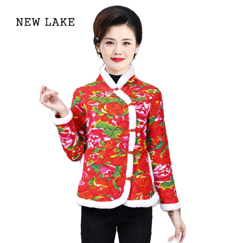 new lake妈妈民族风东北大花棉袄中老年女装加绒加厚网红复古盘扣碎花