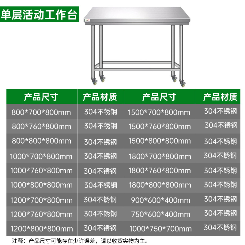 意黛斯 不锈钢单层移动工作台 厨房打荷台 单层操作台带轮1200*760*800 YDS-31TL1276 304材质高清大图