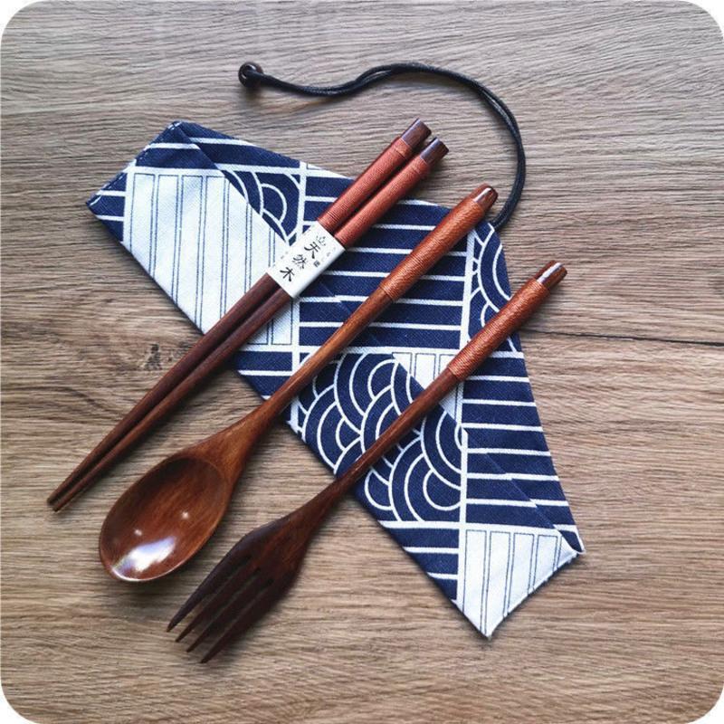 日式木质便携餐具套装筷子勺子叉子三件套学生易携带上班自带餐具黑线