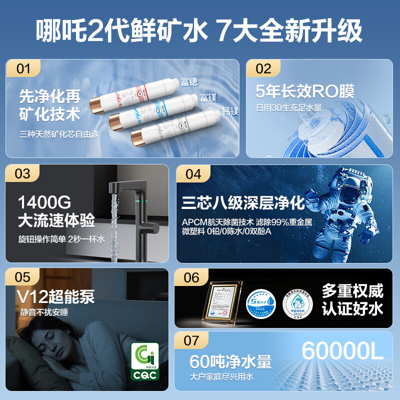 安吉尔净水器家用直饮机哪吒2.0真矿水3500RO膜净水机出水0阻垢剂1400G大流速净饮机高清大图