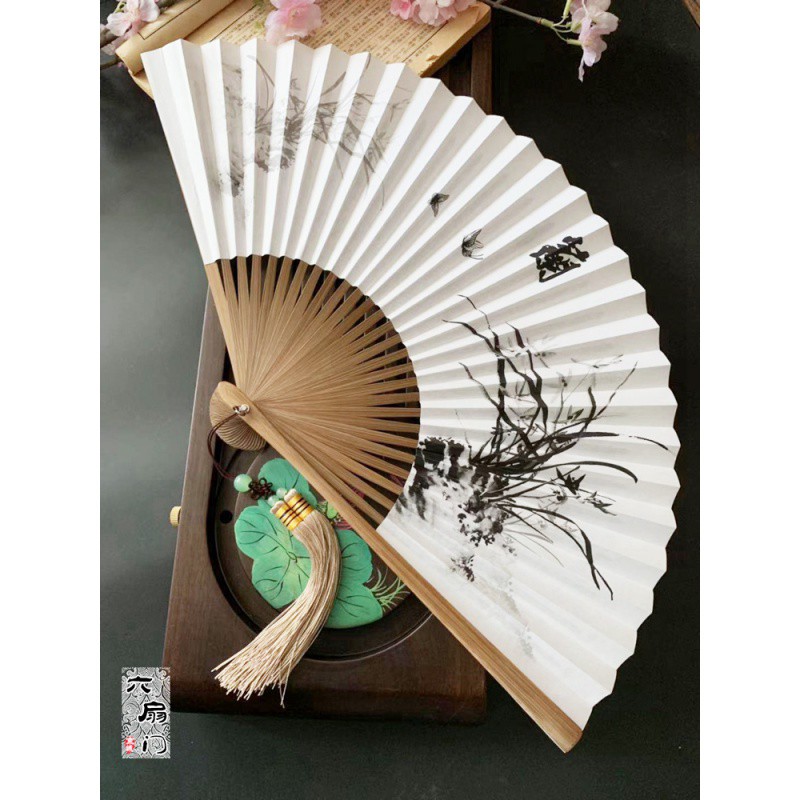 中国风8寸28方串扇双面男女士纸扇手绘古风手工折扇子折叠工艺扇 三维工匠 荷花高清大图