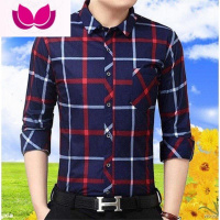 七斓薄款中年男士长袖衬衫中老年格衣夏季爸爸装大码衬衣 175/XL130-145斤 807红色春秋薄款