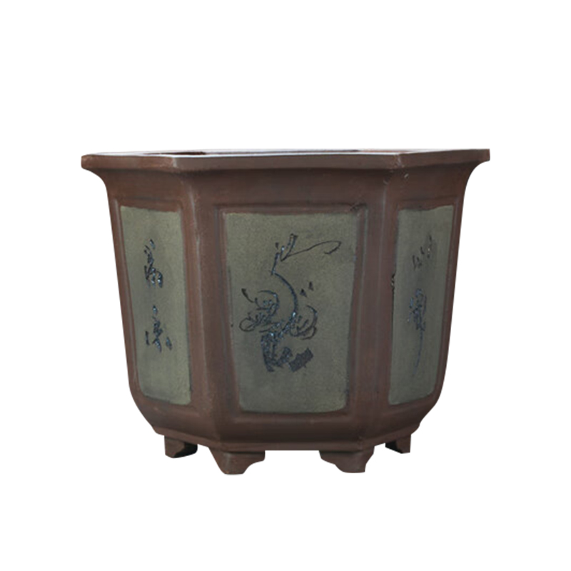 乐碟 六角陶瓷盆花盆 褐色
