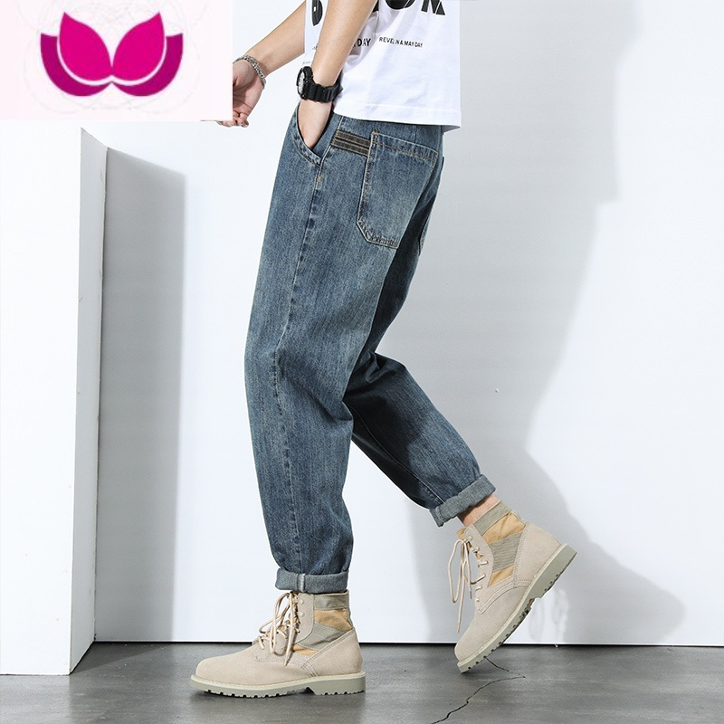 七斓牛仔裤男款宽松直筒潮牌美式复古哈伦九分男士大码休闲长裤子