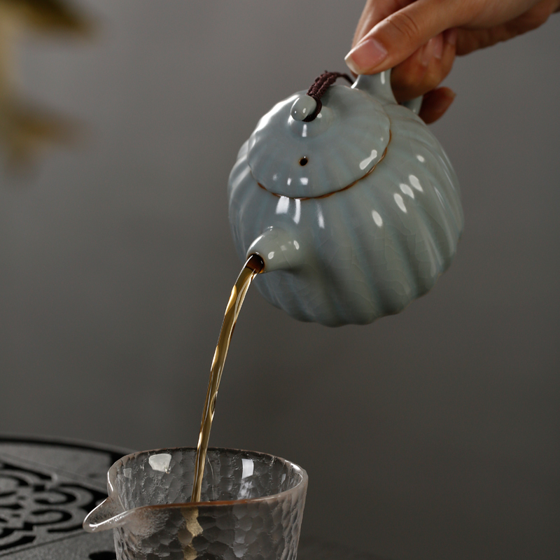 戴云品格 汝窑茶具茶壶陶瓷单壶泡茶器功夫泡茶壶过滤家用汝瓷冲茶器 原矿冬青釉南瓜壶礼品盒