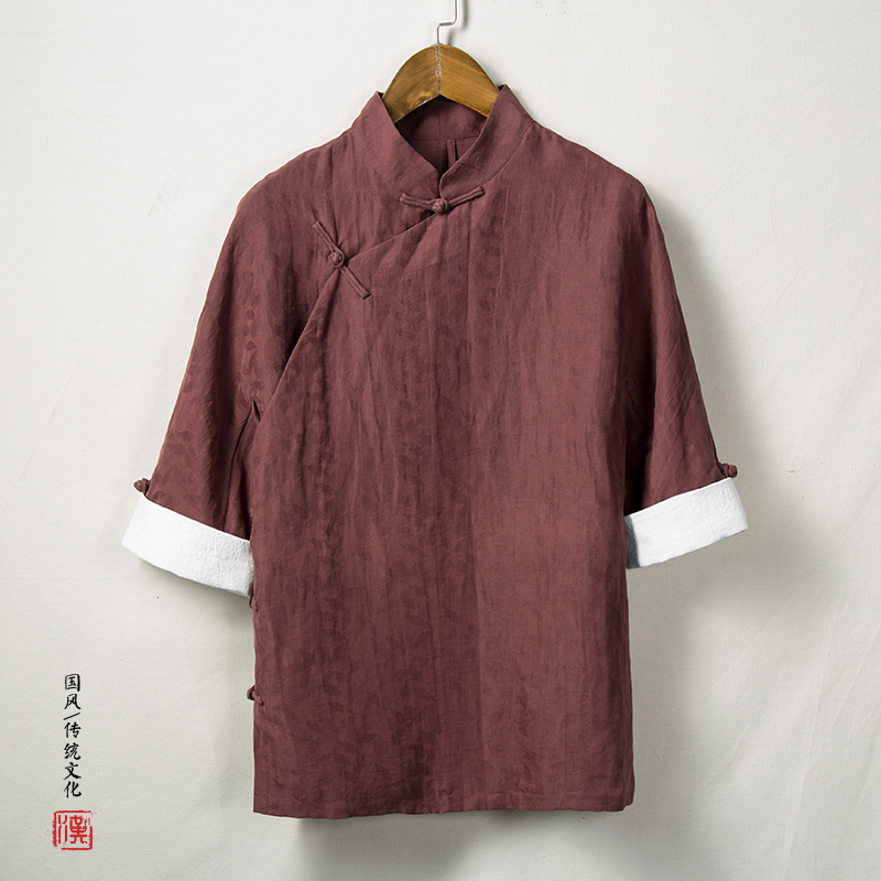 夏季亚麻布禅修茶服中式棉麻唐装改良汉服中国风男装斜襟短袖上衣