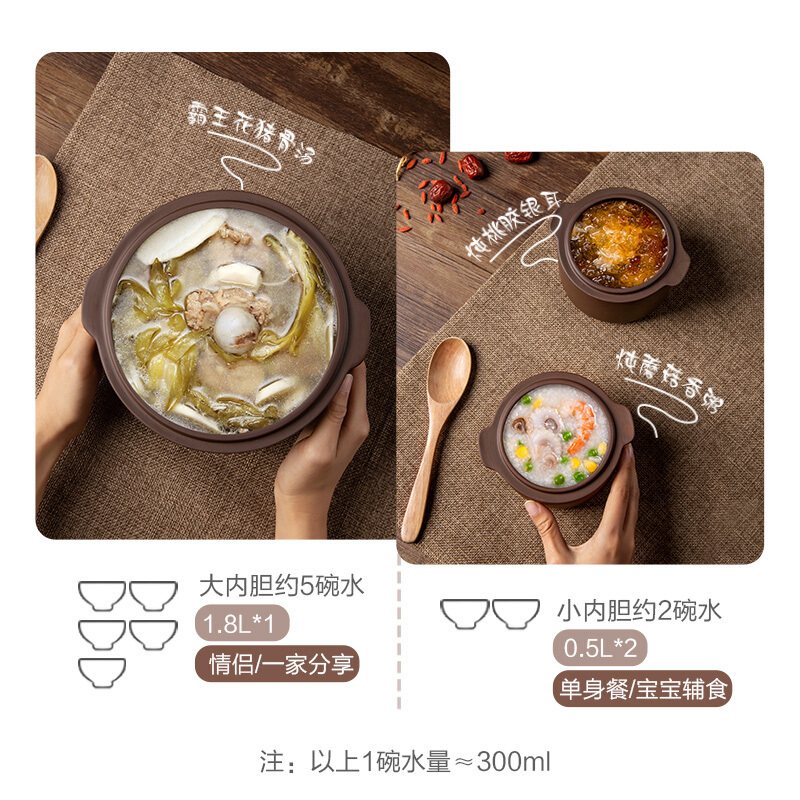 天际电炖炖锅陶瓷内胆单胆煲汤煮粥锅1-2L/1.8升隔水炖盅燕窝甜品多功能家用全自动预约定时1-3人多功能大容量小炖盅