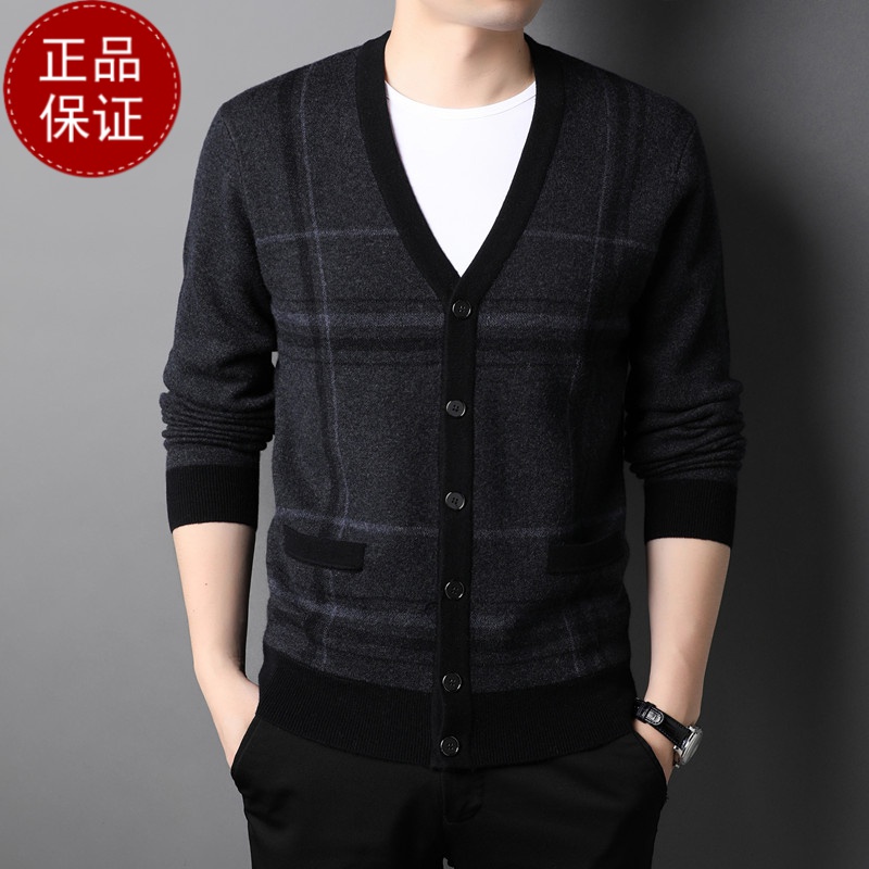 免费试穿 牧绒多斯V领针织开衫男士秋季新款中年爸爸装加厚羊绒毛衣外套打底衫100纯羊毛衫套头商务羊绒衫男士毛衣 黑灰 165