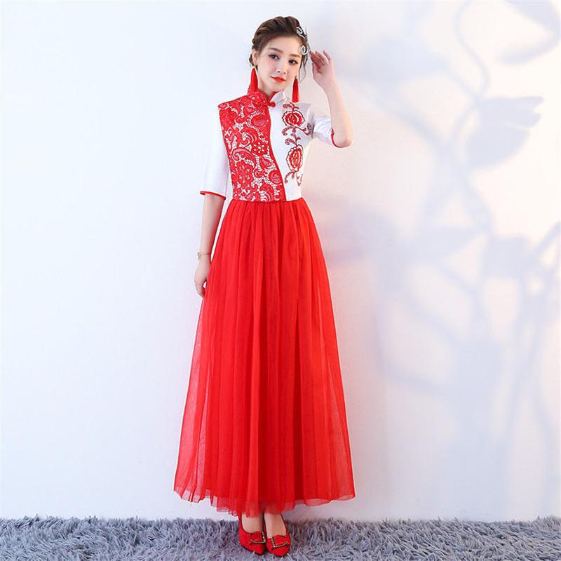 中国风礼服大合唱团演出服装女长裙成人修身学生学院风 朗诵服 红色 女款 S 80-100